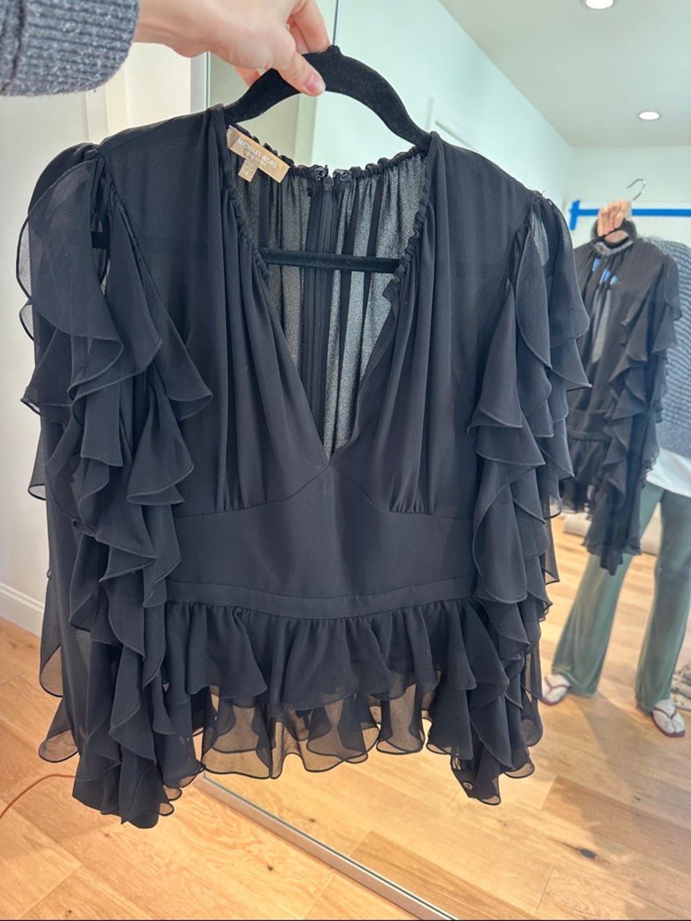 Michael Kors Collection Silk Ruffle Blouse — Black, Sz 6 (Fits 4)